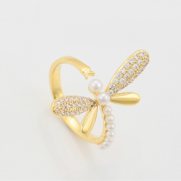 Dragonfly Ring Adjustable 14k Gold Plated CZ Stone - Picture 3 of 9
